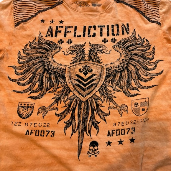 Affliction Value T-Shirt Bright Orange Camo Wash Flocked Graphic, Sz L - Picture 9 of 15